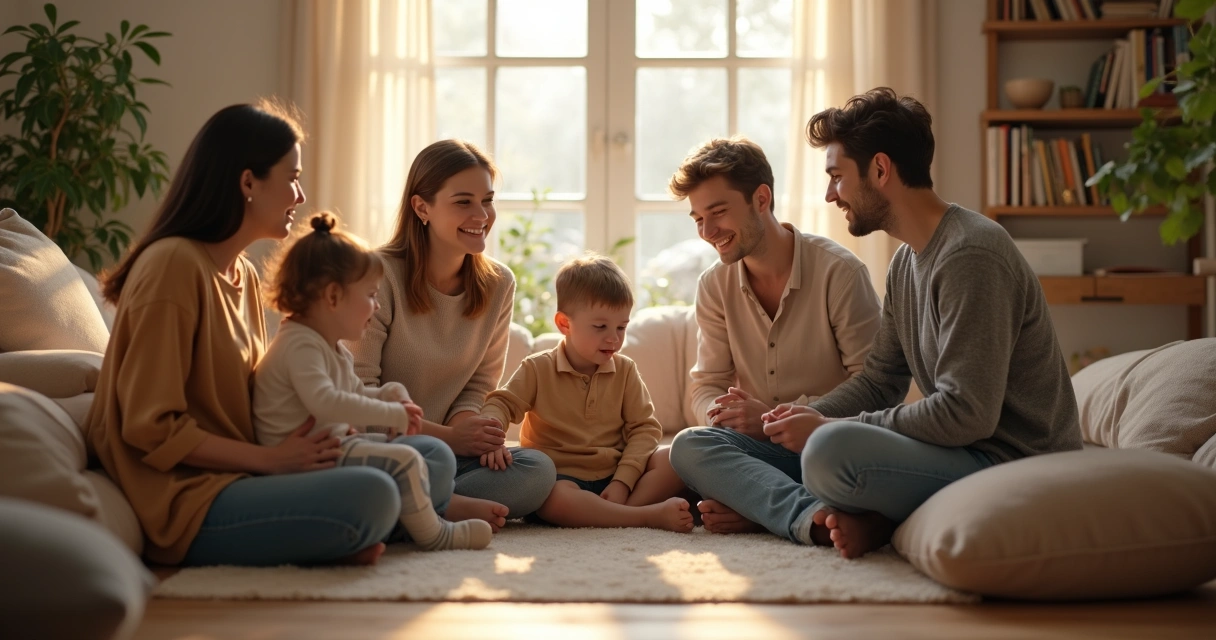 Família sentada em círculo em ambiente acolhedor