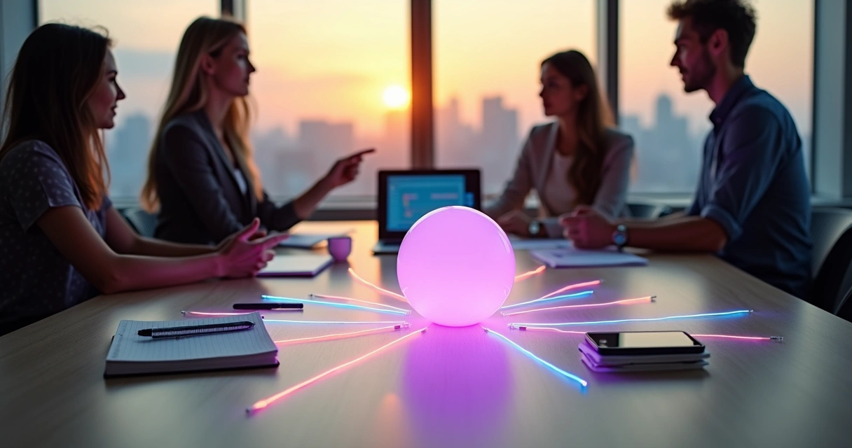 Objetos digitais representando ferramentas de trabalho conectados por fios de luz ao centro da mesa 