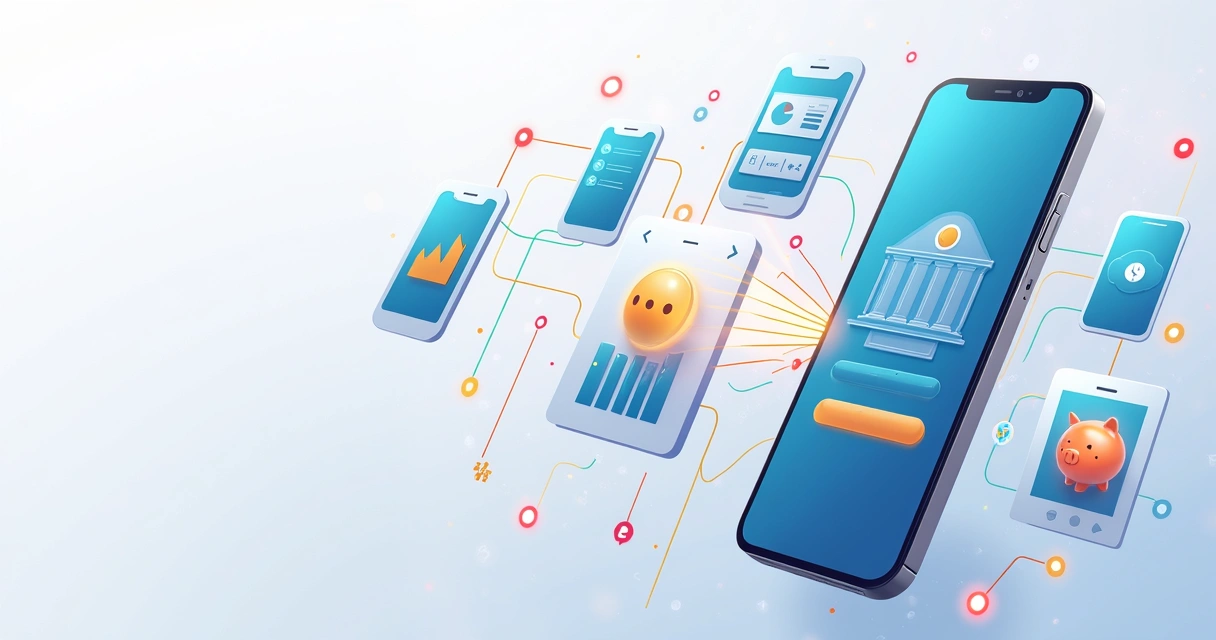 Ilustração de aplicativos financeiros conectados a um banco digital