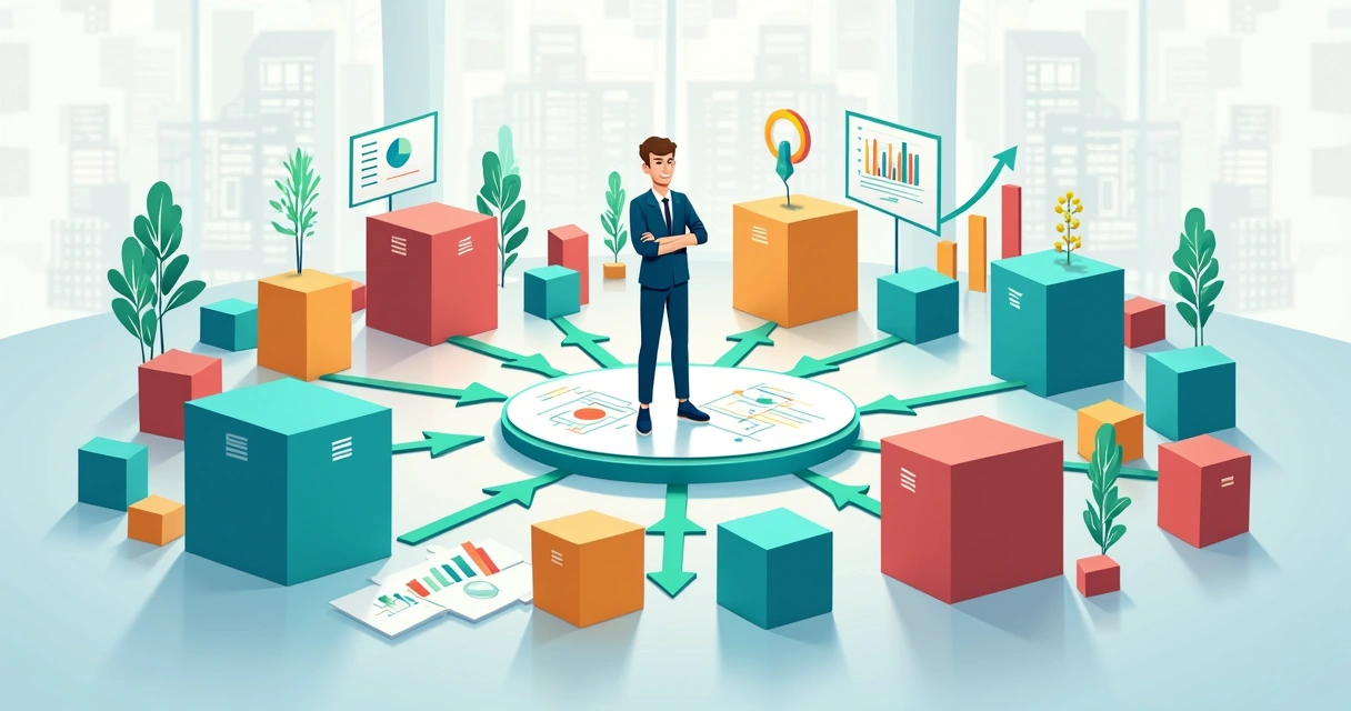 Ilustração mostrando setores conectados por gráficos financeiros