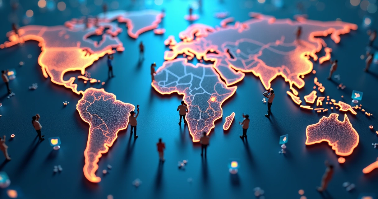 Mapa com pessoas conectadas em diferentes regiões pelas redes sociais