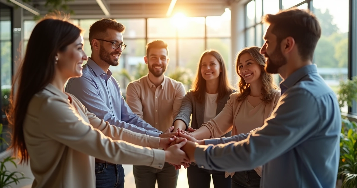 Pessoas de diferentes origens em círculo tocando as mãos no centro 