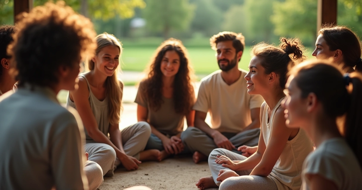 Grupo reunido em círculo, cada pessoa com expressão de reflexão e conexão 