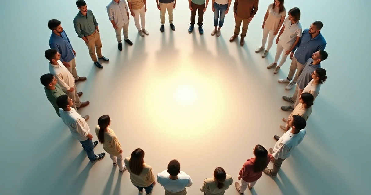 Grupo diverso de pessoas alinhadas lado a lado formando um círculo unido visto de cima 