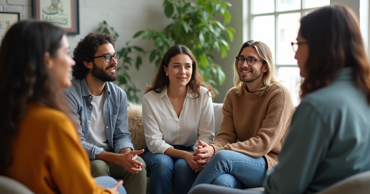 Grupo de pessoas sentadas em círculo conversando. 