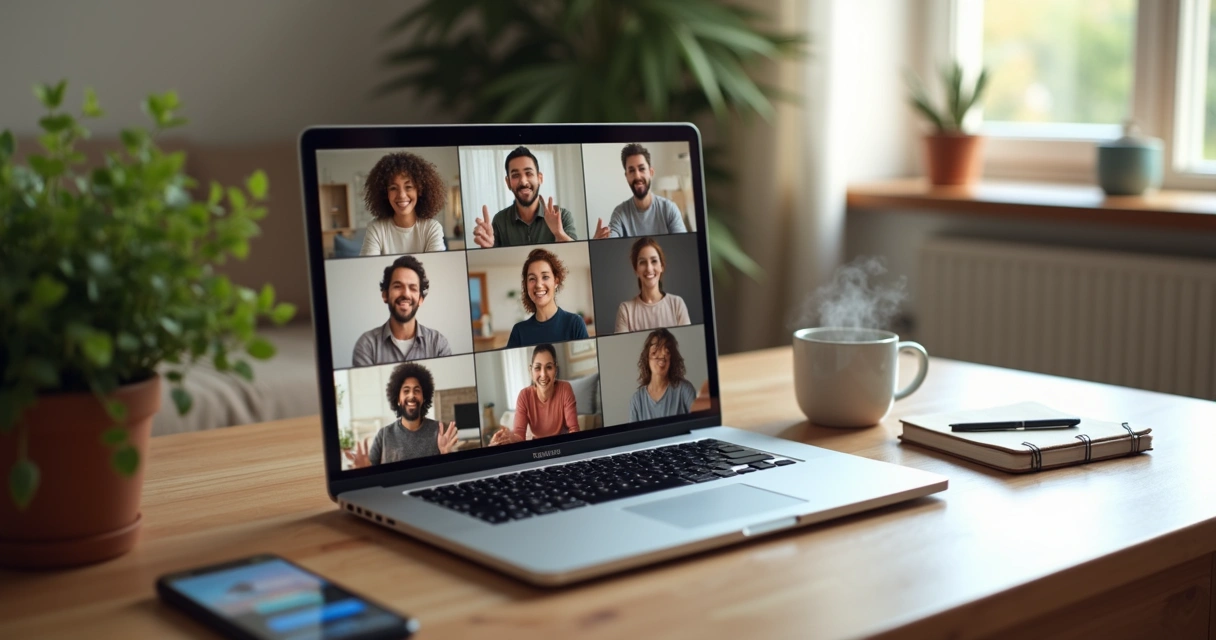 Grupo diverso em videochamada conectando-se com expressões acolhedoras na tela do laptop 