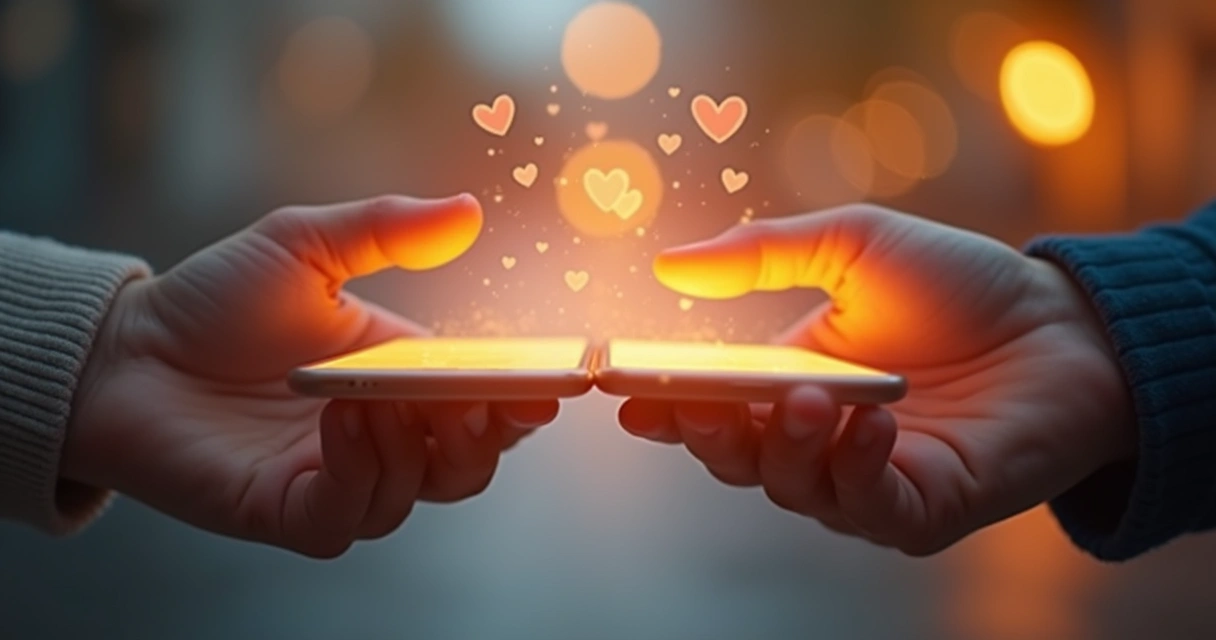 Mãos se conectando através de telas de celular 