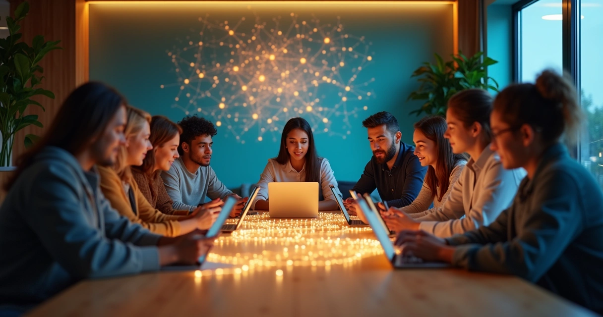 Grupo diverso conectado por telas digitais formando um círculo de união 