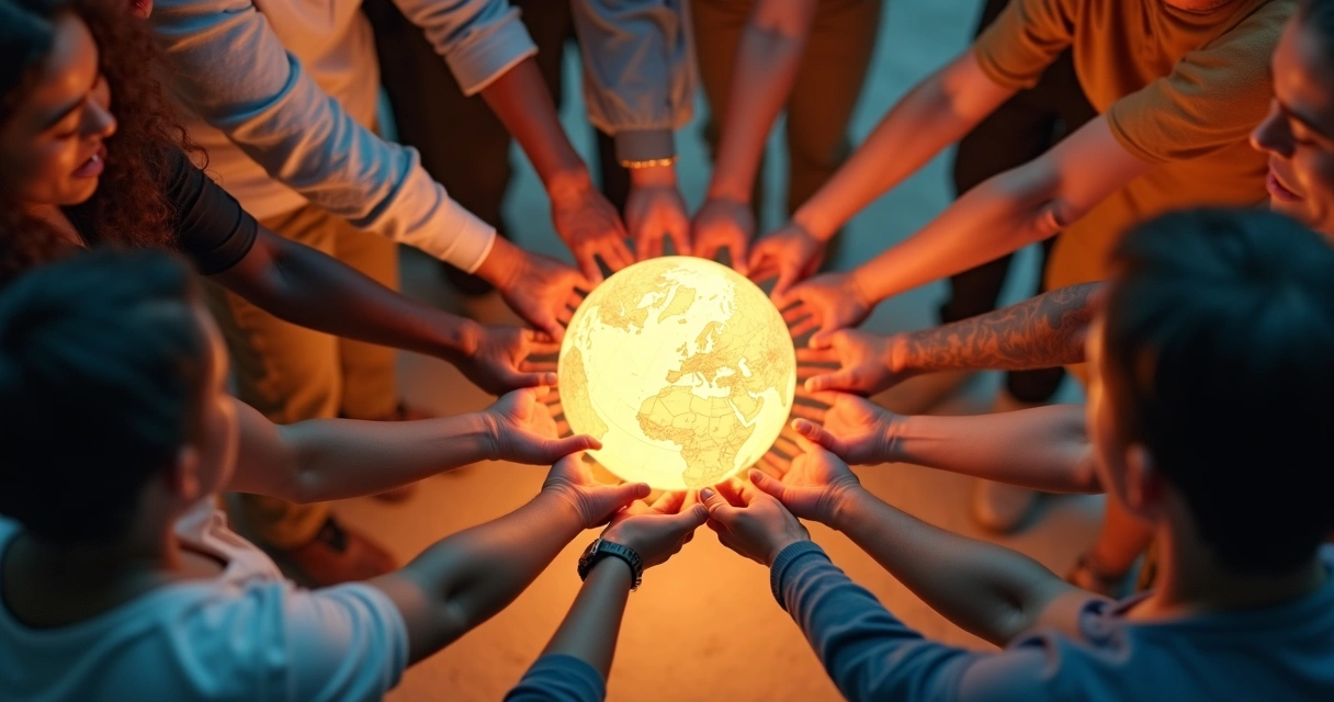 Grupo de pessoas em círculo unidas pelas mãos ao redor de um globo iluminado no centro 