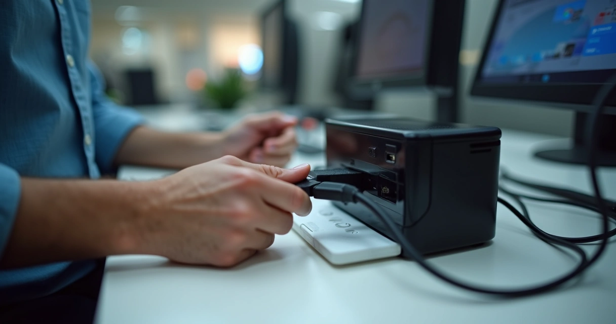 Pessoa conectando cabo USB tipo B em impressora de mesa profissional