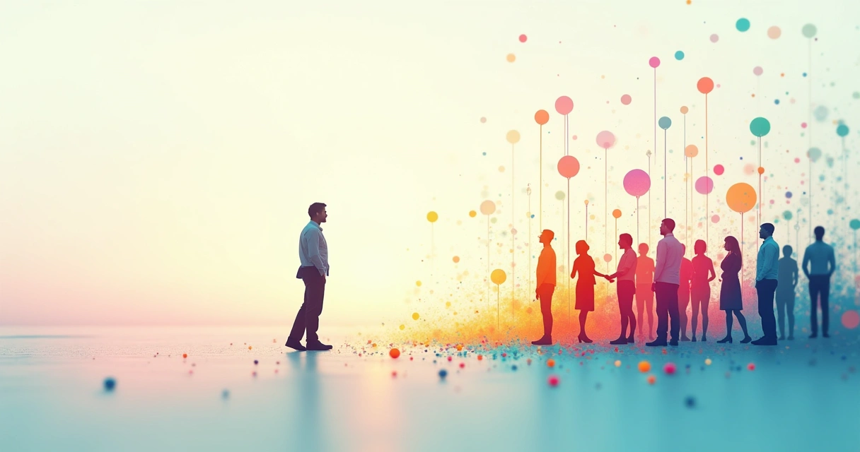 Conexão visual entre indivíduo e grupo com linhas e pontos coloridos