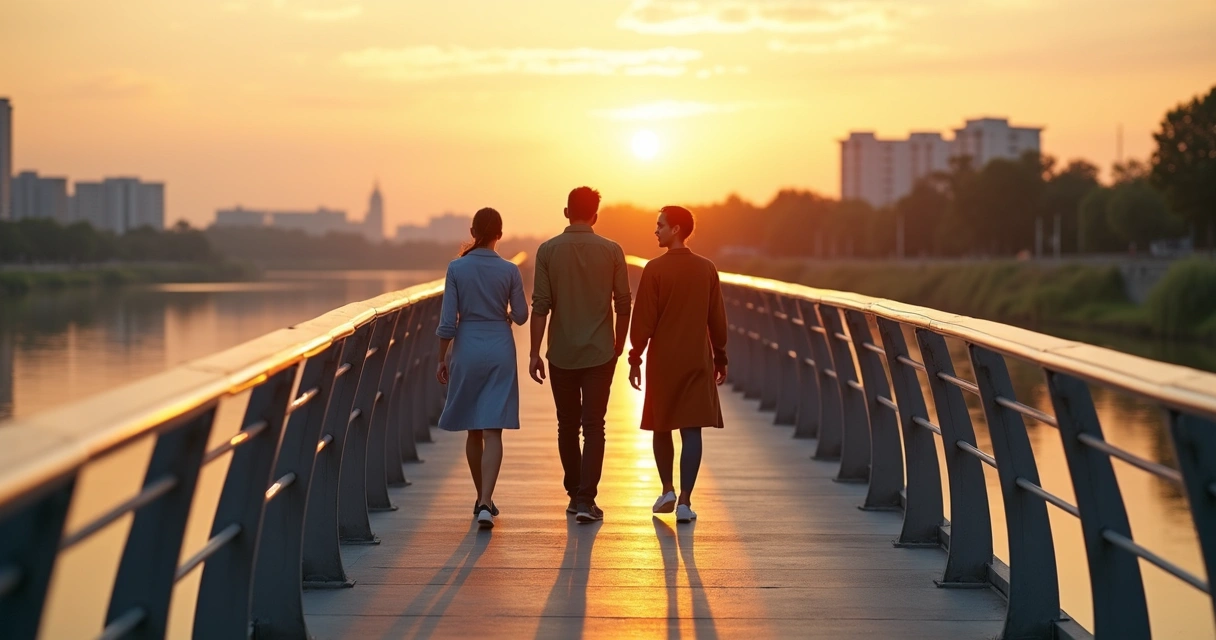 Três pessoas caminhando lado a lado sobre ponte iluminada formando rede de conexão 