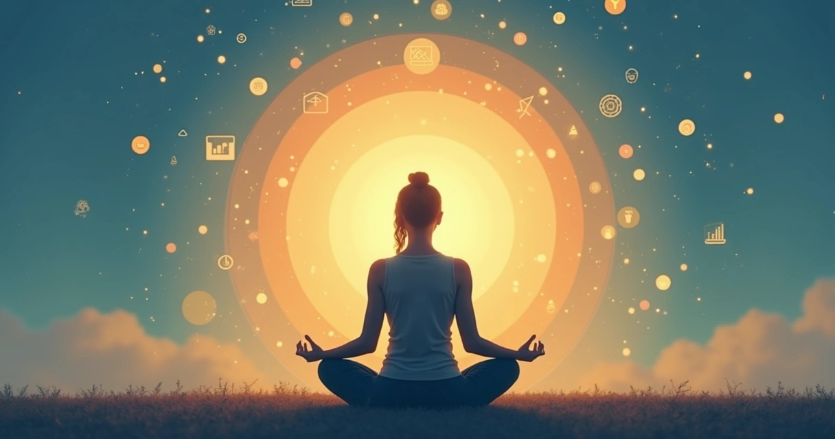 Pessoa meditando no centro, com círculos representando interioridade e conexão social