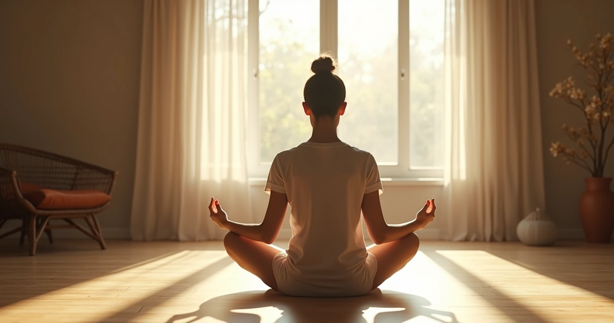 Pessoa sentada em posição de meditação no chão, luz suave entrando pela janela