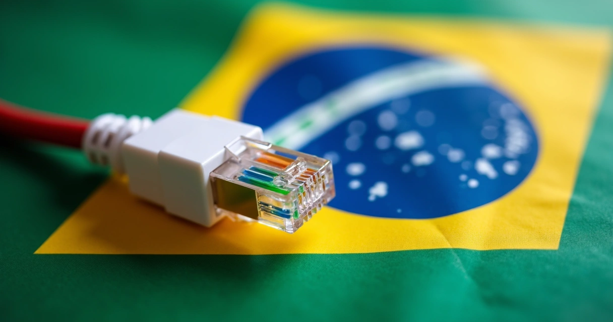 Cabo de internet colorido conectado sobre a bandeira do Brasil 