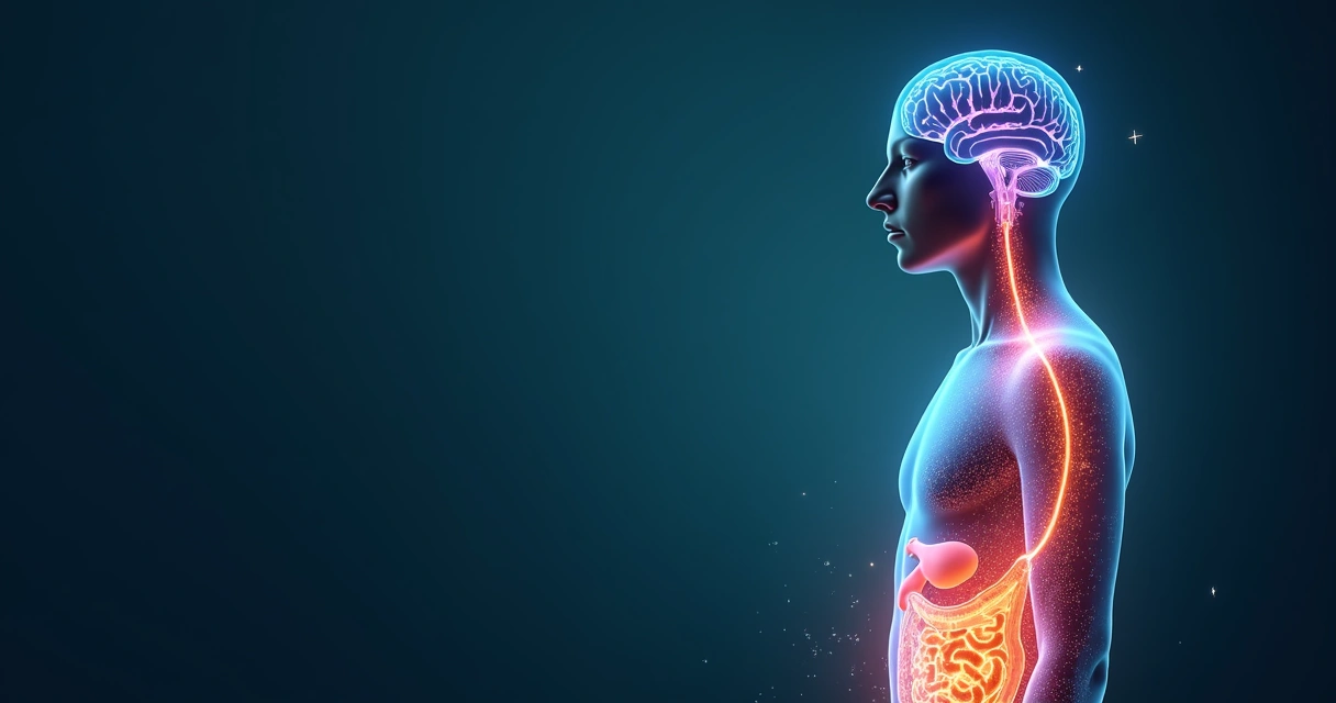 Conceito visual de intestino e cérebro humano interligados por luzes coloridas 