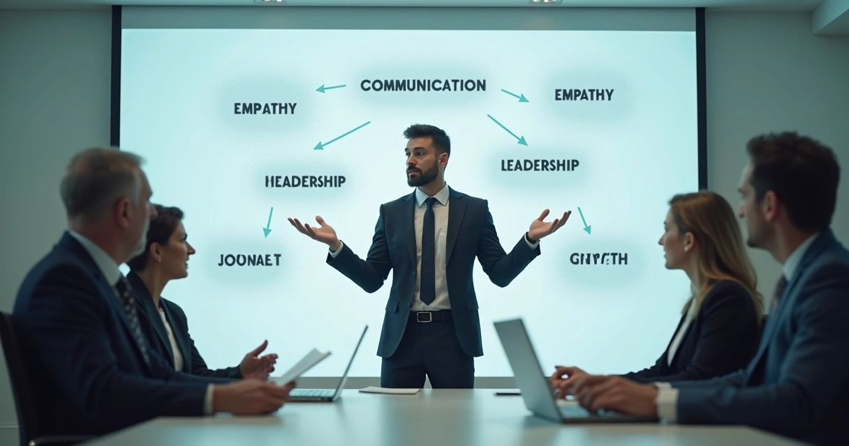 Profissional lidera equipe em reunião, diagramas de habilidades aparecem no ar. 