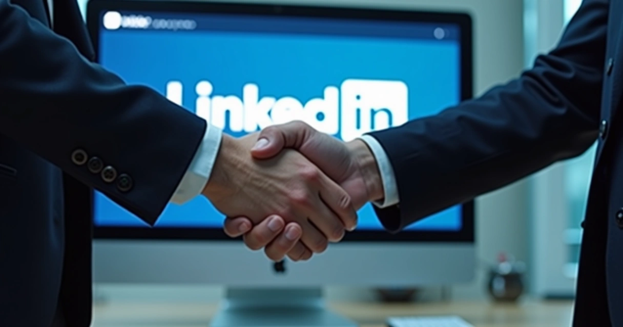 Duas pessoas apertando as mãos em frente ao LinkedIn 