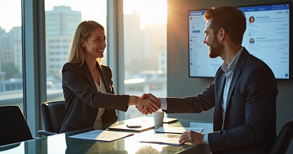 Profissionais apertando as mãos depois de se conectar pelo LinkedIn 