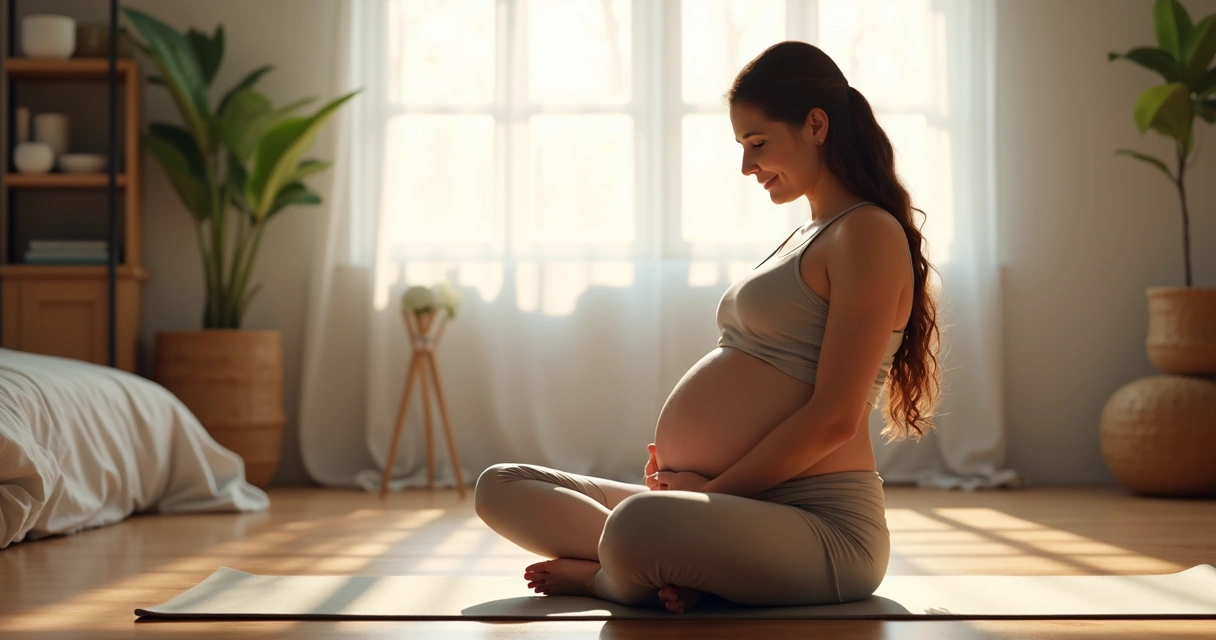 Gestante sentada segurando a barriga e sorrindo durante exercício de pilates 