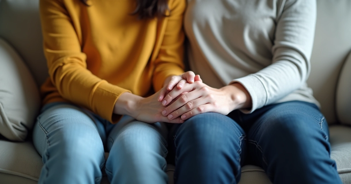 Duas pessoas sentadas lado a lado, mãos entrelaçadas, mostrando conexão e apoio emocional 