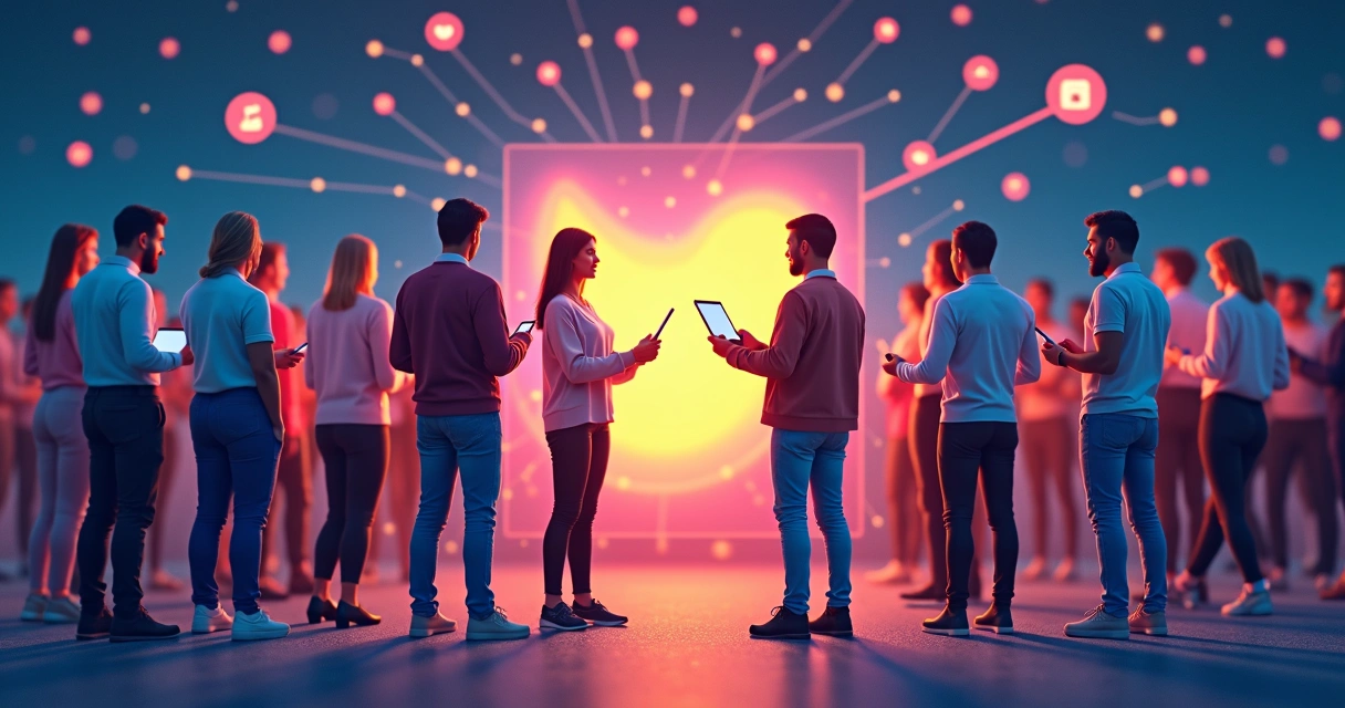 Ilustração de pessoas conectando diferentes elementos de uma marca, ícones digitais e dispositivos. 