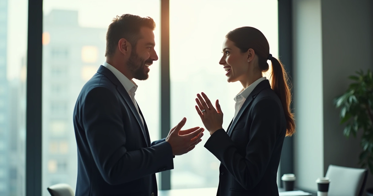 Dois profissionais conversando próximos a uma janela, parecendo engajados na troca de histórias 