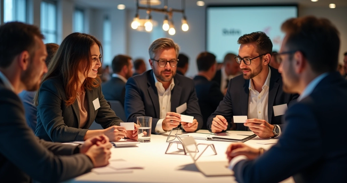 Profissionais de agência digital conversando com executivos em um evento de negócios, mesas, materiais corporativos