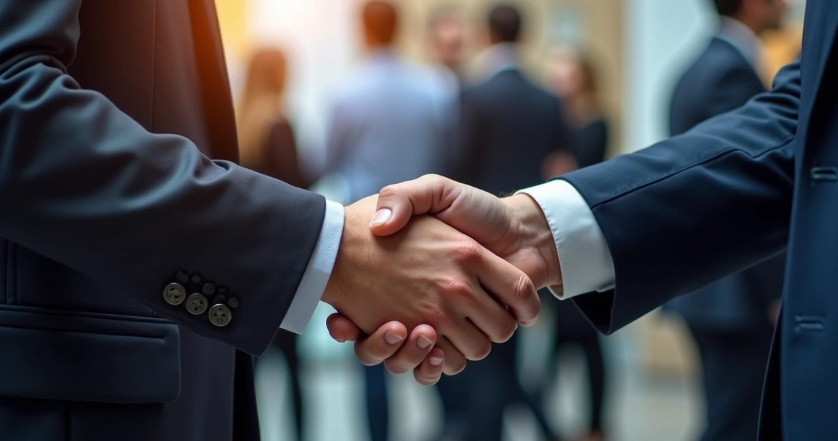 Aperto de mãos entre dois profissionais durante evento de negócios 