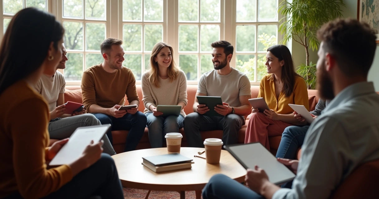 Grupo de pessoas sentadas em círculo com blocos de notas, conversando e sorrindo em ambiente acolhedor