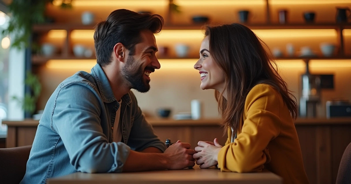 Duas pessoas trocando olhares e sorrindo sentadas frente a frente numa cafeteria 