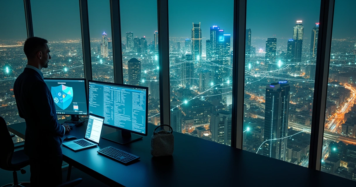 Profissional observa cidade conectada por rede de dados financeiros digitais 