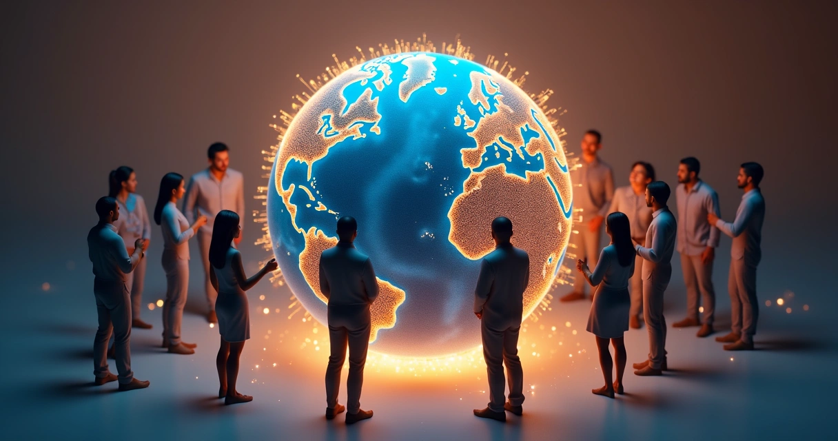 Conexão entre pessoas ao redor de um globo com linhas de luz