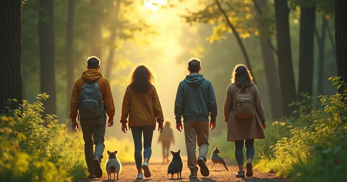 Pessoas caminhando em meio à natureza, em contato com árvores e plantas, representando conexão com o ambiente.