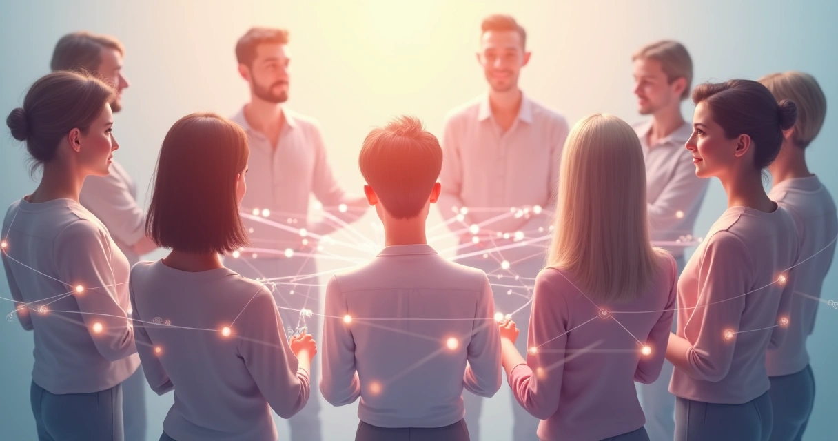 Representação de várias pessoas interconectadas por linhas finas e transparentes, em um fundo com tons suaves.