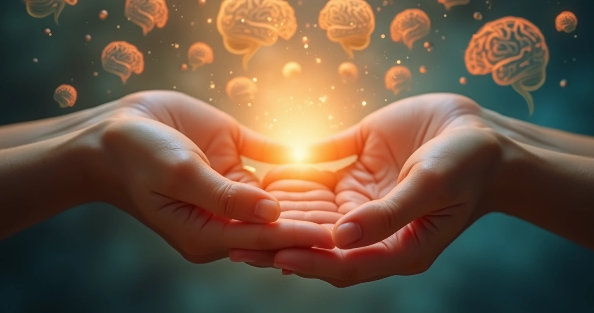 Duas mãos se tocando suavemente com fundos e elementos que simbolizam mente e emoção conectados 