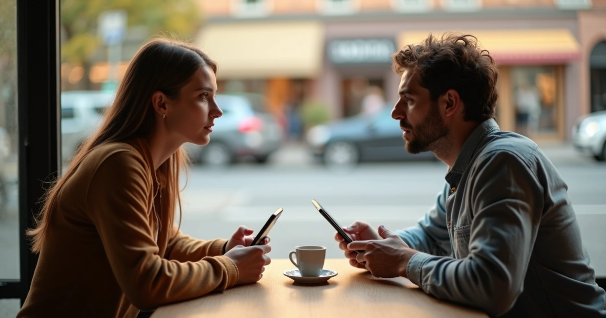 Duas pessoas conversando sem celulares em mesa de café 