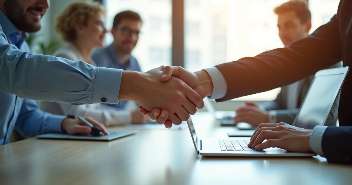 Duas pessoas apertando as mãos em uma mesa de reunião com notebooks ao fundo. 