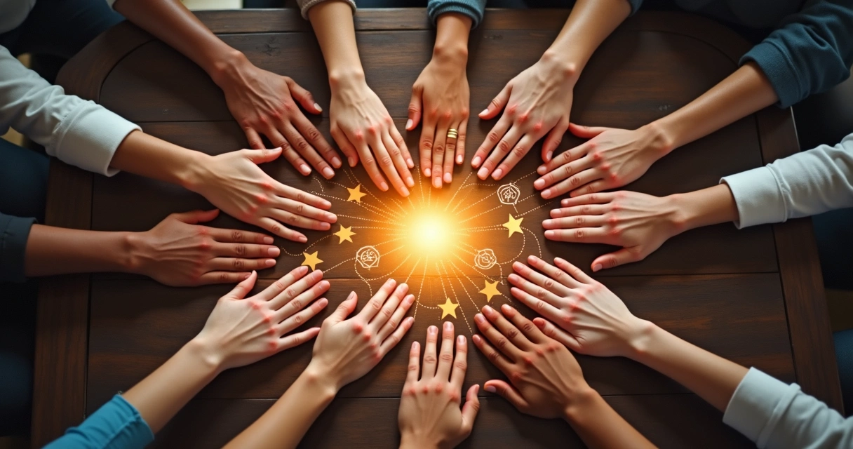 Mãos se conectando acima de uma mesa, representando colaboração e propósito compartilhado