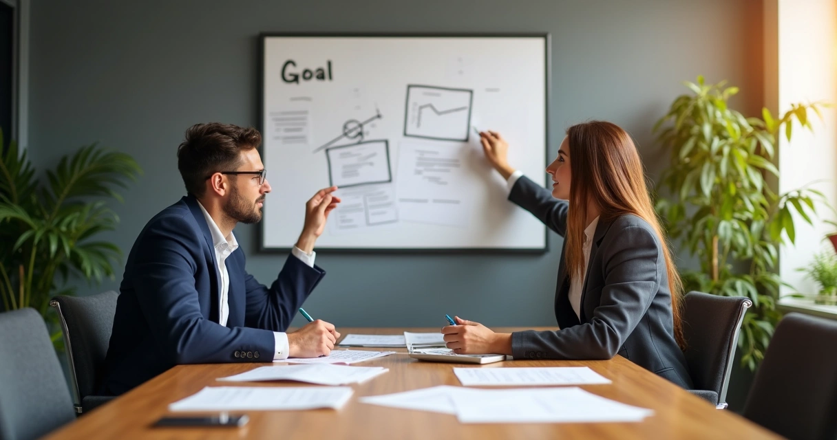 Duas pessoas em uma mesa de trabalho, trocando ideias olhando um quadro de metas na parede 