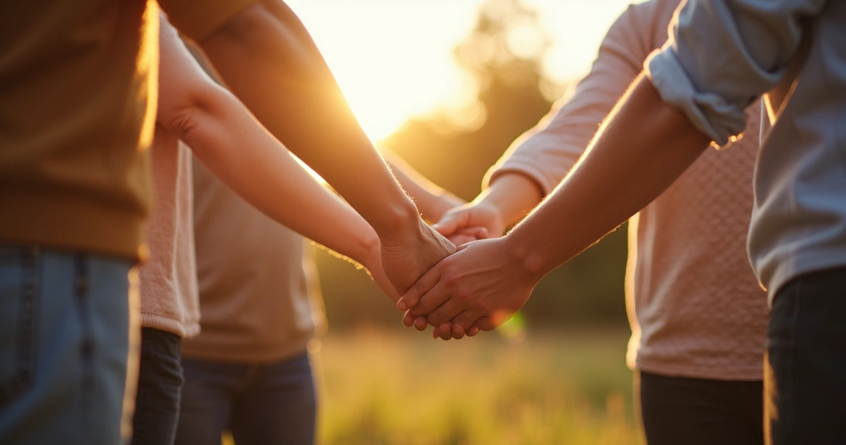 Grupo de pessoas em roda, de mãos dadas, conectadas pela luz do sol ao fundo 
