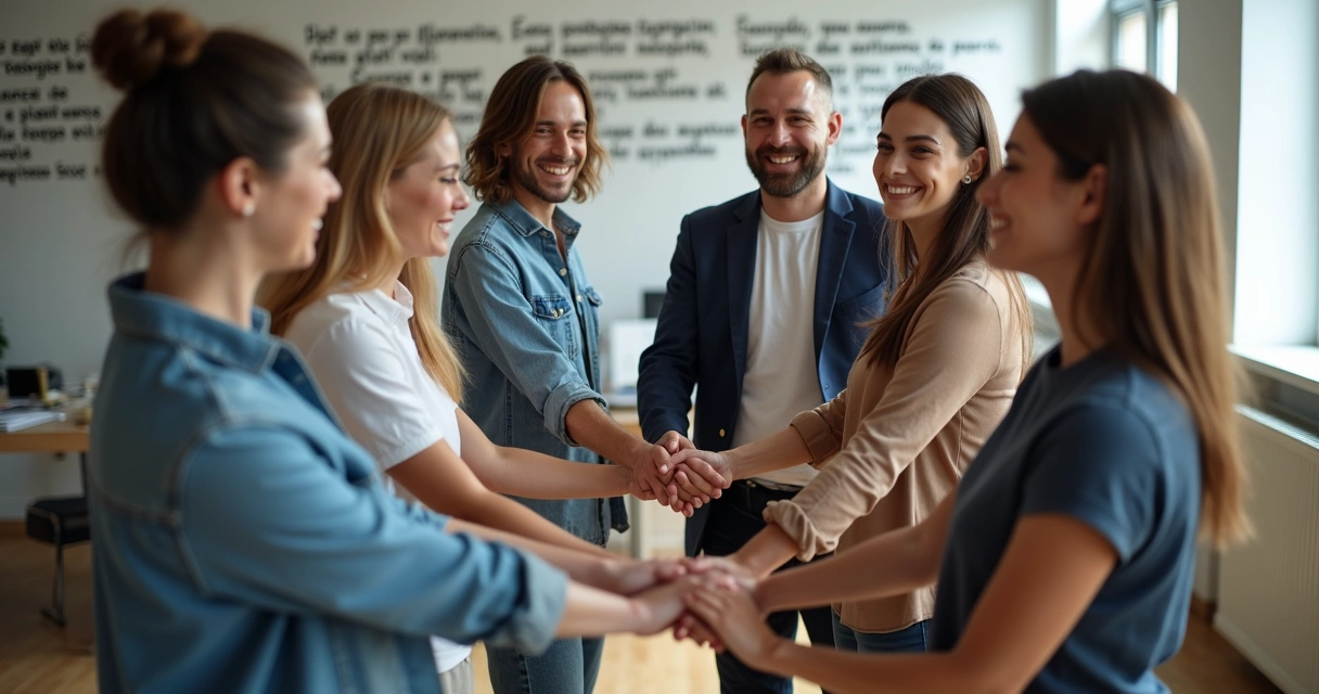 Grupo de colegas de trabalho sorrindo, conectados em círculo, mãos dadas, luz suave. 