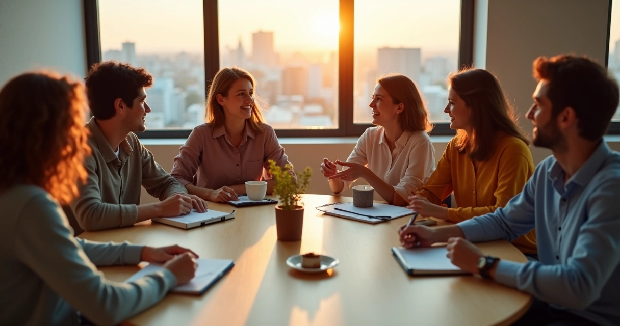 Grupo diverso em conversa conectada ao redor de mesa iluminada por linhas de luz 