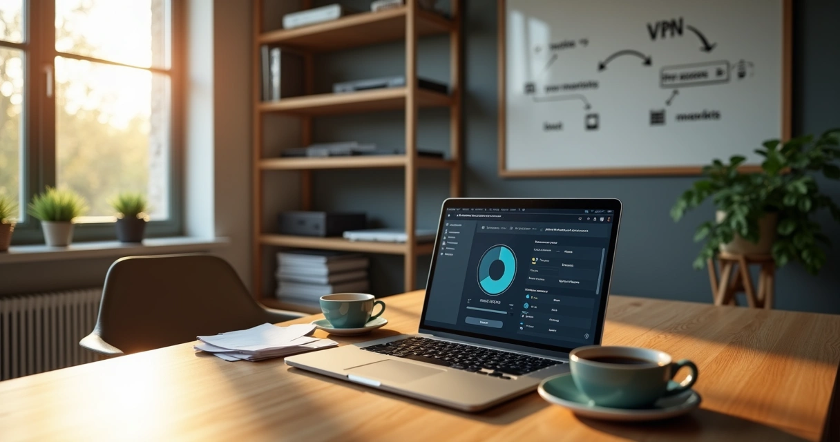 Funcionario usando notebook em ambiente corporativo conectado via VPN 
