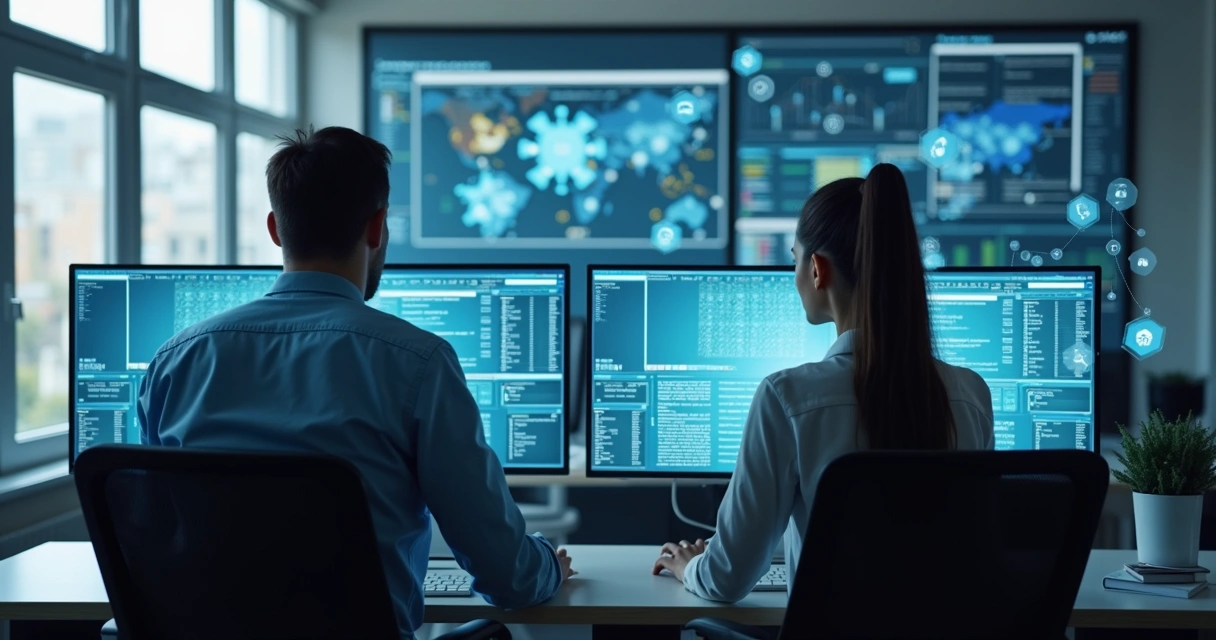 Profissional de TI acessando remotamente servidores em tela múltipla 