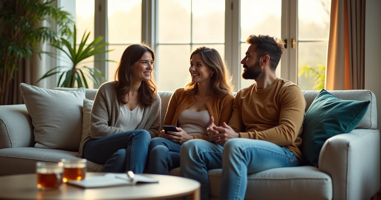 Três pessoas conversando em sofá trocando olhares atenciosos 