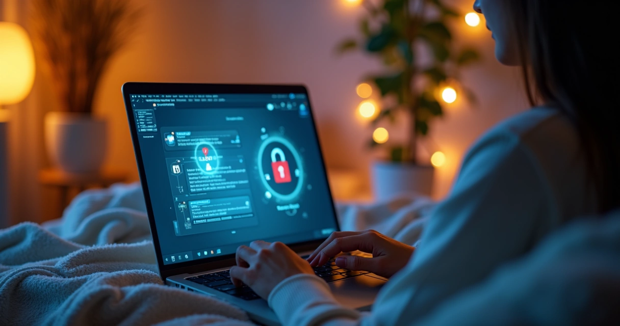 Pessoa usando laptop em ambiente sofisticado, visualizando uma plataforma segura de sexo virtual com interface moderna e elementos de segurança digital visíveis 