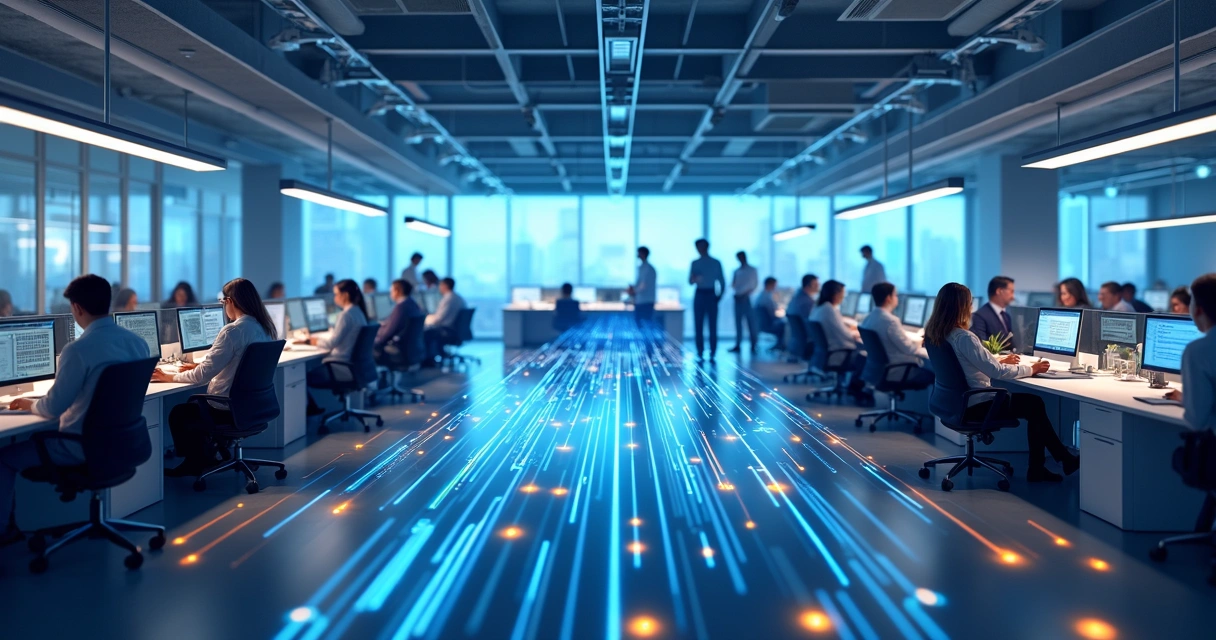 Fluxo digital conectando setores diferentes em uma empresa moderna 