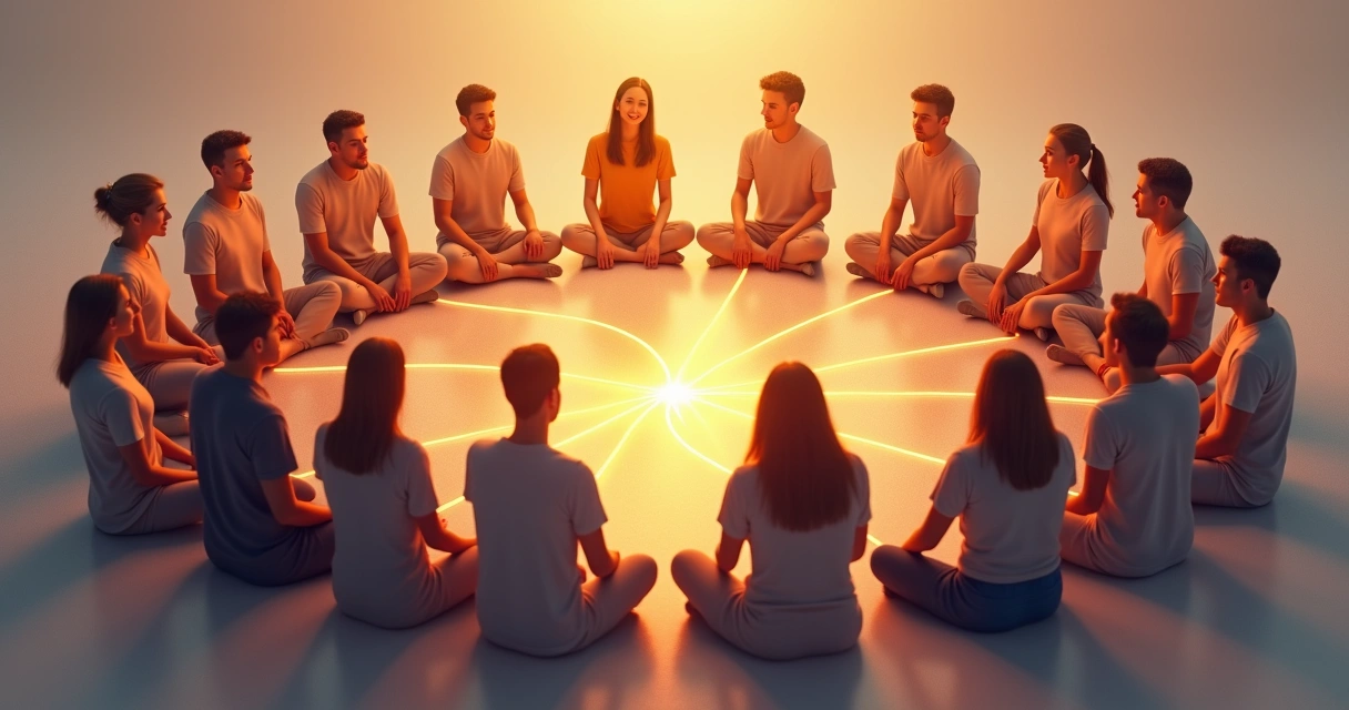 Grupo de pessoas sentadas em círculo conectadas por linhas douradas representando vínculos e sistemas.