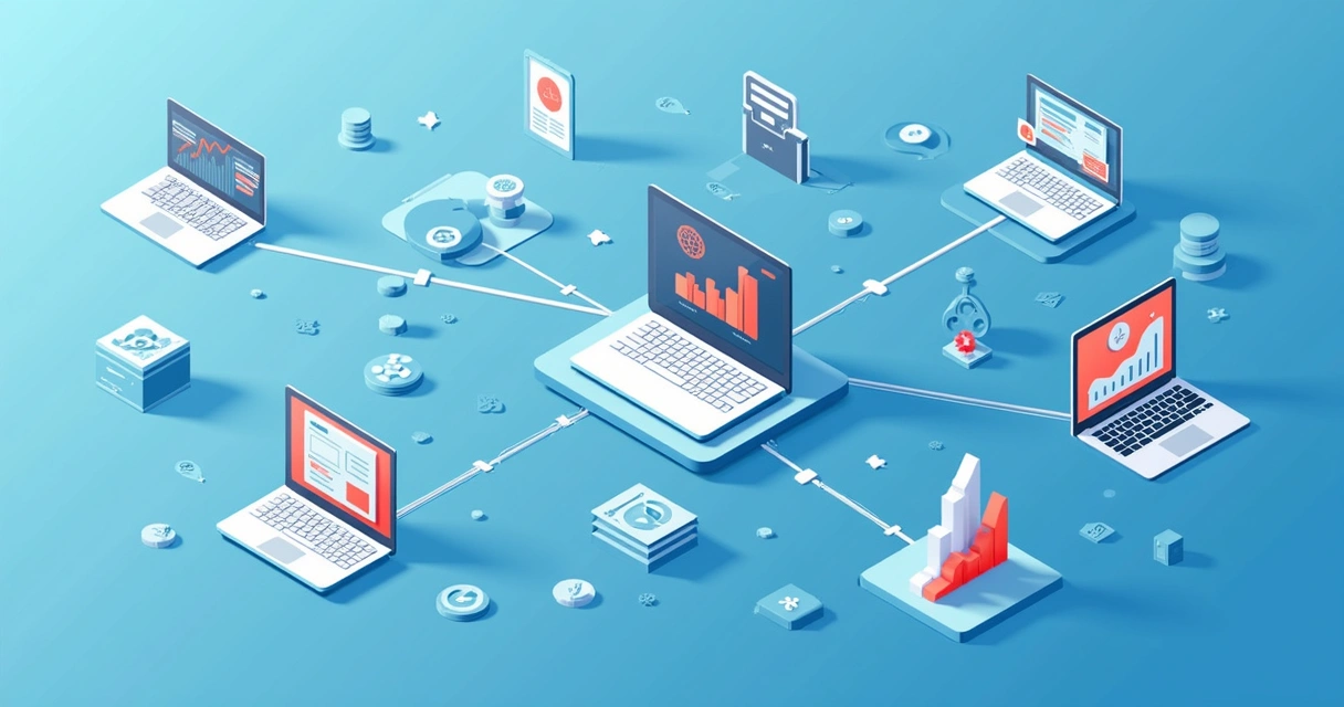 Conexão entre sistemas financeiros com gráficos e computadores interligados 